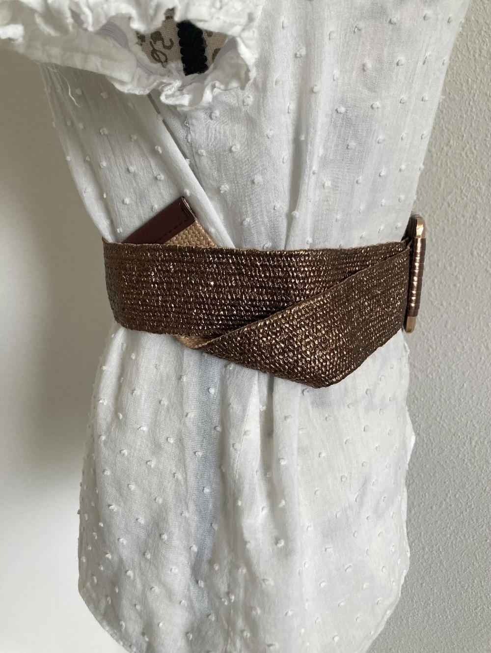 Corset Wide Woven Waist Belt Metallic Bronze Stretch Chunky Square Buckle S/M/L